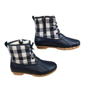 SERRA Serra Rain Boots White Checkered Mid Round Toe Zip Faux Fur Rubber Blue-9
